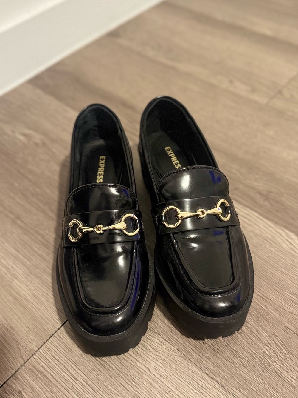 Express Black Patent Loafers with Gold Horsebit Accent